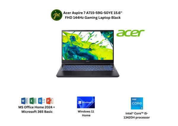 Acer Aspire 7 A715-59G-50YE 15.6'' FHD 144Hz Gaming Laptop Black ( i5-13420H, 16GB, 512GB SSD, RTX3050 6GB, W11, HS+M365 )