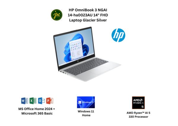HP OmniBook 3 NGAI 14-ha0023AU 14" FHD Laptop Glacier Silver ( AI 5 330, 24GB, 512GB SSD, ATI, W11, HS+M365 )