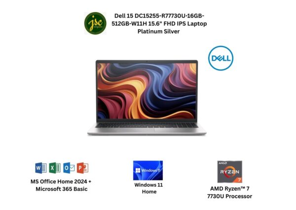 Dell 15 DC15255-R77730U-16GB-512GB-W11H 15.6" FHD IPS Laptop Platinum Silver ( R7 7730U, 16GB, 512GB, ATI, W11,HS+M365 )