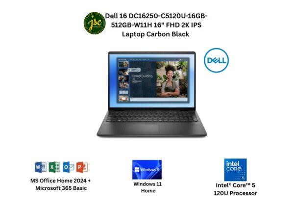 Dell 16 DC16250-C5120U-16GB-512GB-W11H 16" FHD 2K IPS Laptop Carbon Black ( C5-120U, 16GB, 512GB, Intel, W11,HS+M365 )
